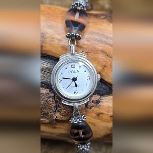 POLA Ladies Quartz Watch Glass Bead & Silver Tone Vintage Collectible Sz 6 Works